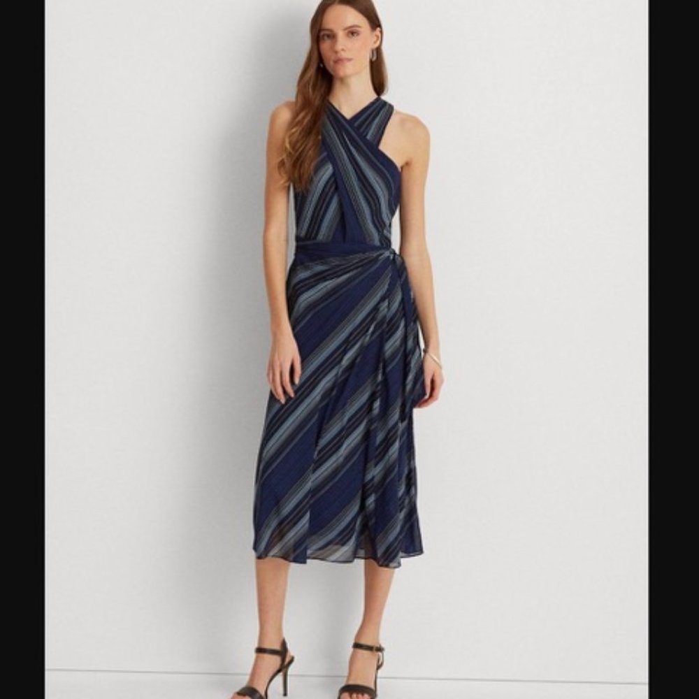 Lauren Ralph Lauren Striped Midi Dress 10 blue women sleeveless